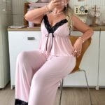 Slumberry CURVE Sweet INS Colorblock Lace Patchwork Comfortable Slimming Knit Pink Plus Size Pajama Set