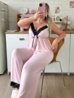 Slumberry CURVE Sweet INS Colorblock Lace Patchwork Comfortable Slimming Knit Pink Plus Size Pajama Set