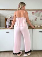 Slumberry CURVE Sweet INS Colorblock Lace Patchwork Comfortable Slimming Knit Pink Plus Size Pajama Set - Image 2