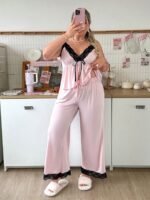 Slumberry CURVE Sweet INS Colorblock Lace Patchwork Comfortable Slimming Knit Pink Plus Size Pajama Set - Image 5