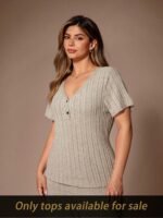 Lazeform Women's Plus Size V-Neck Short Sleeve Casual Top, Dark Green, Summer Comfortable Fitted Lounge Wear, Curve Sleepwear Pajama Sleep Wear - Image 3