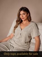 Lazeform Women's Plus Size V-Neck Short Sleeve Casual Top, Dark Green, Summer Comfortable Fitted Lounge Wear, Curve Sleepwear Pajama Sleep Wear - Image 6