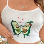 Slumberry CURVE Cute Cartoon Avocado Print Y2K Energetic Plus Size Women Sleepwear Top Night White Summer